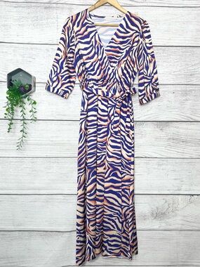 New Collection Italy Zebra Print Wrap Maxi Dress in Navy & Peach Size Small